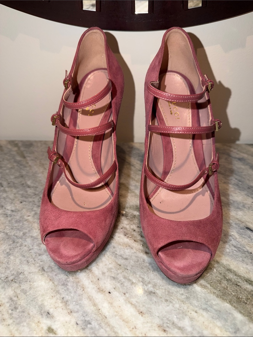 Gucci Triple Strap Peep-Toe Heels
